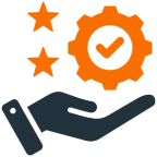 Hand supporting gear with checkmark and stars.