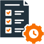 Checklist document with clockwork gear icon.